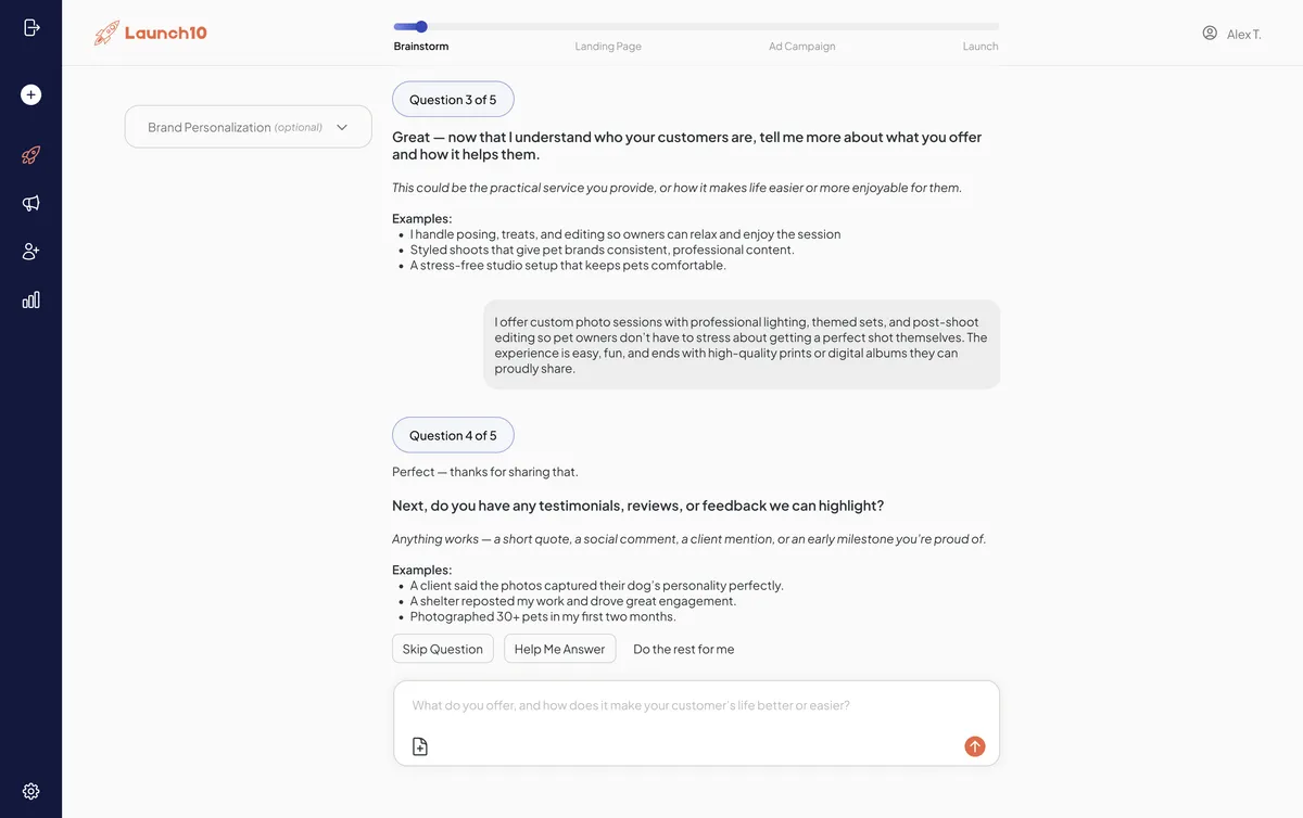 Launch10 onboarding chat asking the user a few plain-English questions about their business, with example answers and a "Help Me Answer" button